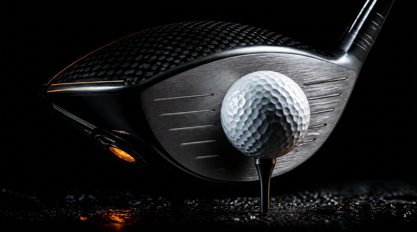 Golf driver and ball lit in darkness
